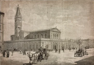 Ny kyrka av det heliga hjärtat i Rom, Italien, gravyr från teckning av Dante Paolocci, från L