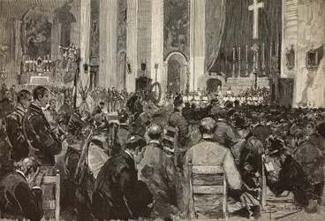 Obsequies för döda i Dogali i kyrkan Sant Andrea della Valle, Rom, gravyr från teckning av Dante Paolocci, från L