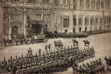 Invigning av parlamentet, ankomst av kung Umberto I till Montecitorio, Rom, Italien, gravyr från teckning av Dante Paolocci, L