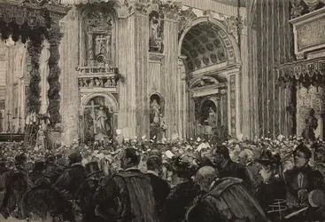 Påvlig välsignelse med anledning av Leo XIII:s biskopsjubileum, Peterskyrkan, Vatikanen, gravyr efter teckning av Dante Paolocci, från L