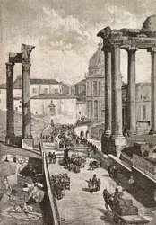 Passage genom Forum, Rom, Italien, gravyr från teckning av Dante Paolocci, från L