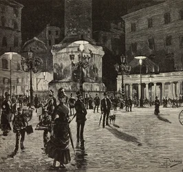 Piazza Colonna upplyst med elektriskt ljus, Rom, Italien, teckning av Dante Paolocci, gravyr från L