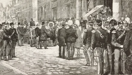 Politiker och officerare som deltar i begravningståget av Luigi Mezzacapo (1814-1885), italiensk politiker och officer, Rom, Italien, gravyr från teckning av Dante Paolocci, från L