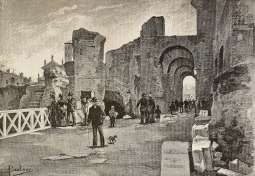 Offentlig gångväg (Summa Nova Via) i Palazzo dei Cesari, Rom, Italien, gravyr från teckning av Dante Paolocci, från L