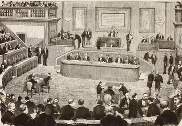 Session den 26 juli av den italienska senaten, Rom, Italien, gravyr från en teckning av Dante Paolocci, L