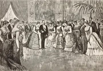 Umberto I (1844-1900), kung av Italien, och hans hustru Margherita av Savojen (1851-1926) vid bal i Quirinal Palace, Rom, Italien, gravyr från teckning av Dante Paolocci, från L