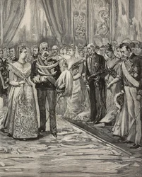 Umberto I och Margherita av Savojen vid konsert med anledning av deras silverbröllop, Palazzo del Quirinale, Rom, Italien, gravyr efter teckning av Dante Paolocci, från L
