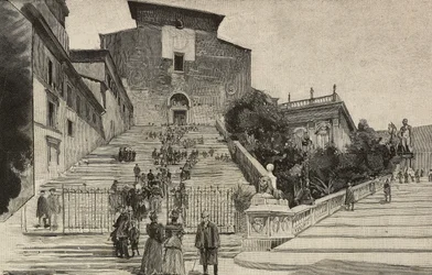 Vy över basilikan Santa Maria i Aracoeli, Rom, Italien, gravyr efter teckning av Dante Paolocci, från L