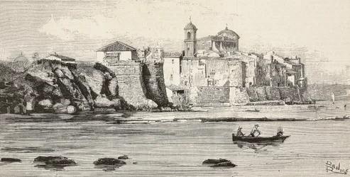 Vy över Nettuno, Italien, gravyr från teckning av Dante Paolocci, från L