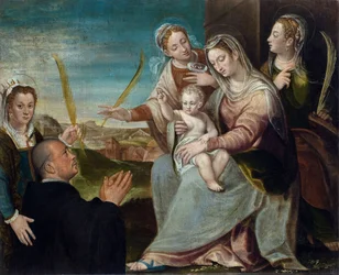 Jungfrun och barnet med Saint Catherine, Saint Lucia, Saint Justine of Padua och en benediktinermunk - Målning av Dario Varotari, den äldre (1539-1596), olja på duk