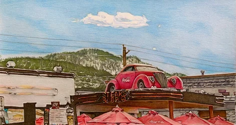 Pitstop på Route 66, 2024 (blyerts på papper)