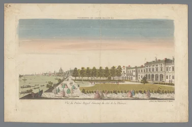 Vy över Somerset House från Themsen med London i bakgrunden Le Palais Royal de Somerset / Vue du Palais Royal Somerset du côté de la Thamise (titel på objektet)