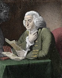 Porträtt av Benjamin Franklin (1706-1790), amerikansk filosof, fysiker och ambassadör. Gravyr efter målning av David Martin.