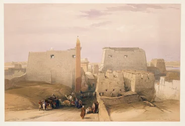 Egypten, ingången till Luxortemplet, gravyr baserad på teckning av David Roberts