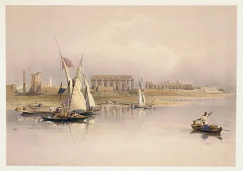 Misri, magofu ya Luxor kutoka Mto Nile, kuchonga kulingana na kuchora na David Robertsswed