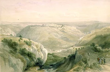 Jerusalem från söder, 12 april 1839, skylt 10 från volym I av "Det heliga landet", graverad av puben Louis Haghe (1806-85). 1842 (lito)
