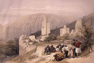 Rester av en triumfbåge i Petra, 8 mars 1839, skylt 100 från volym III av "Det heliga landet", graverad av puben Louis Haghe (1806-85). 1849 (lito)