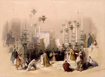 The Stone of Unction, Church of the Holy Sepulchre, 30 mars 1839, skylt 19 från volym I av "The Holy Land", graverad av Louis Haghe (1806-85) pub. 1842 (lito)
