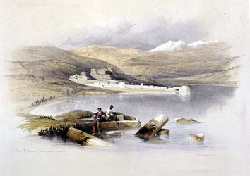 Staden Tiberias med utsikt mot Libanon, skylt 35 från volym I av "Det heliga landet", graverad av puben Louis Haghe (1806-85). 1842 (lito)