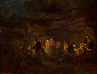 En kvällsbankett, soldater före ett slott (olja på panel)