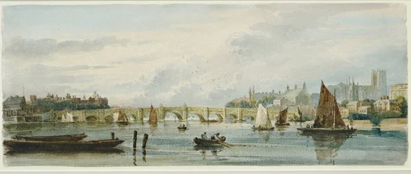 Utsikt över Westminster Bridge västerut mot Lambeth Palace och Westminster Abbey