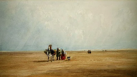 Figurer med en åsna på en fransk strand (akvarell på papper)