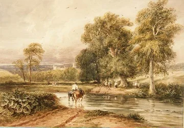 No.1789 Återvänder från Hayfield, med en avlägsen utsikt över Haddon Hall (akvarell på papper)