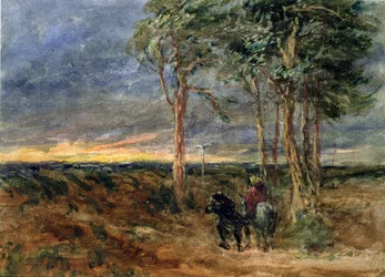 Resenärer som närmar sig en vägvisare på en hed, 1851