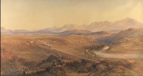 A Steam Train on the Ottoman Railway, 1859 (wc & penna förhöjd med kroppsfärg)