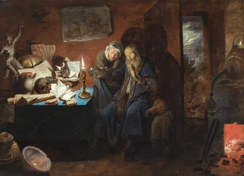 En interiör med en alkemist, en kvinna och ett barn (en vanitas) (olja på duk)