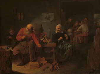 Interiör från en skomakarverkstad, ca 1650 (olja på pannå)