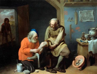 "" Le chirurgien de village "" (Bykirurgen) Målning av David Ryckaert III (Rijckaert) (1612 - 1661) Olja på duk, Dim 49,2x64 cm Staatliche Museen, Berlin