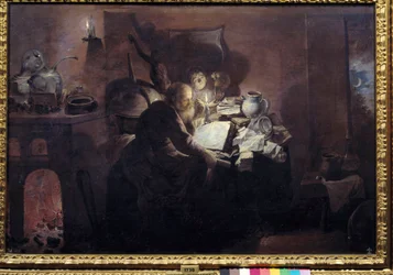 Alkemisten i sin studio. Målning av David Ryckaert III (Rijckaert) (1612 - 1661) Ec. Flam.