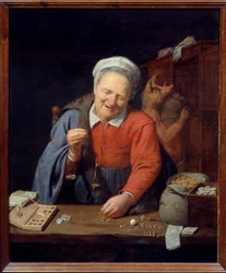 Guldvågen. En gammal kvinna med en liten våg väger guldbitarna medan en man med galthuvud längst ner förvarar påsar i garderoben. Målning av David III Ryckaert (1612-1661) Ec. Flam.