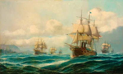 Viceamiral Phipps Hornbys eskader ångar genom Dardanellerna på väg till Konstantinopel, februari 1878