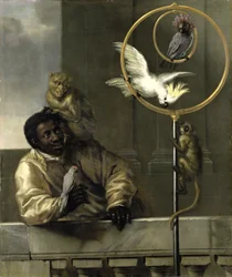 Svart man med papegojor och apor, 1670