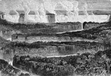 Vy över stora grå starr i Zambezi, känd som Mosi-oa-Tuny eller Victoria Falls, Zambia, gravyr från Narrative of Expedition till Zambezi och dess bifloder, av David Livingstone (1813-1873) och Charles Livingstone (1821-1873), London