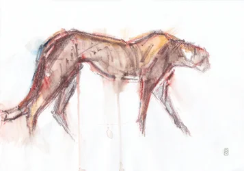 Gepardjakt, 2019 (krita/akvarell på papper)