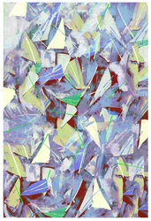 Skärvor, splitter och tallbarr; 2017, blandad media på träpanel)