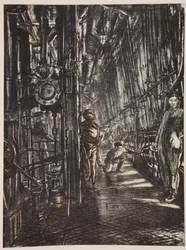 Ett pannrum på ett slagskepp, illustration från "The Western Front", utgiven av Country Life Ltd