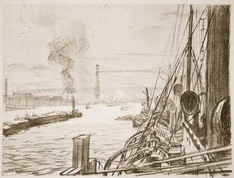 Ett sjukhusfartyg vid en bas, illustration från "The Western Front", utgiven av Country Life Ltd