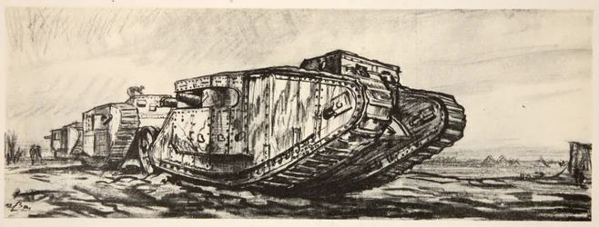 En rad stridsvagnar, illustration från "The Western Front", utgiven av Country Life Ltd