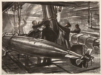 I den nedsänkta torpedplattan på ett slagskepp, illustration från "The Western Front", utgiven av Country Life Ltd