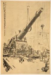 Montering av en stor kanon, illustration från "The Western Front", utgiven av Country Life Ltd