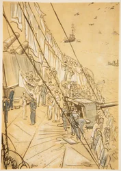 På ett slagskepp: luftningsfiltar, illustration från "The Western Front", utgiven av Country Life Ltd