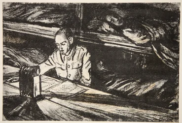 På ett sjukhusfartyg på natten: Ordonnansen, illustration från "The Western Front", utgiven av Country Life Ltd