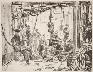 Matroser på ett slagskepp som tillverkar ammunition till armén, illustration från "The Western Front", utgiven av Country Life Ltd