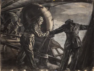 Studie för minläggning av vinterminor utanför Island, ca 1942 (kol och färgkrita på papper)