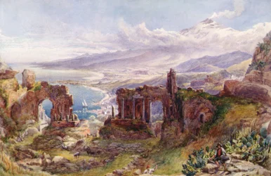 Utsikt över Taormina och Etna, Sicilien (akvarell på papper)