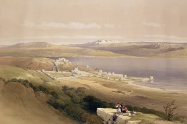 Staden Tiberias vid Galileiska sjön, 22 april 1839, tavla 38 från volym I av "The Holy Land", graverad av Louis Haghe (1806-85), pub. 1842
